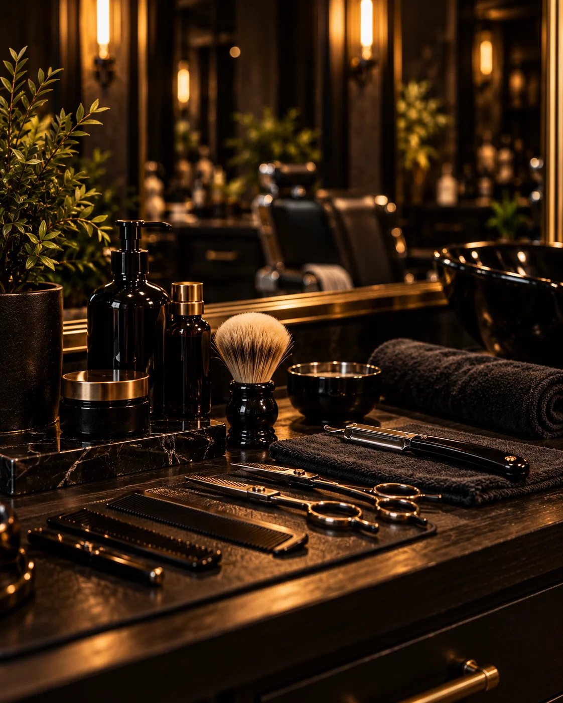 Tesoura, navalha e instrumentos de barbearia sobre a bancada