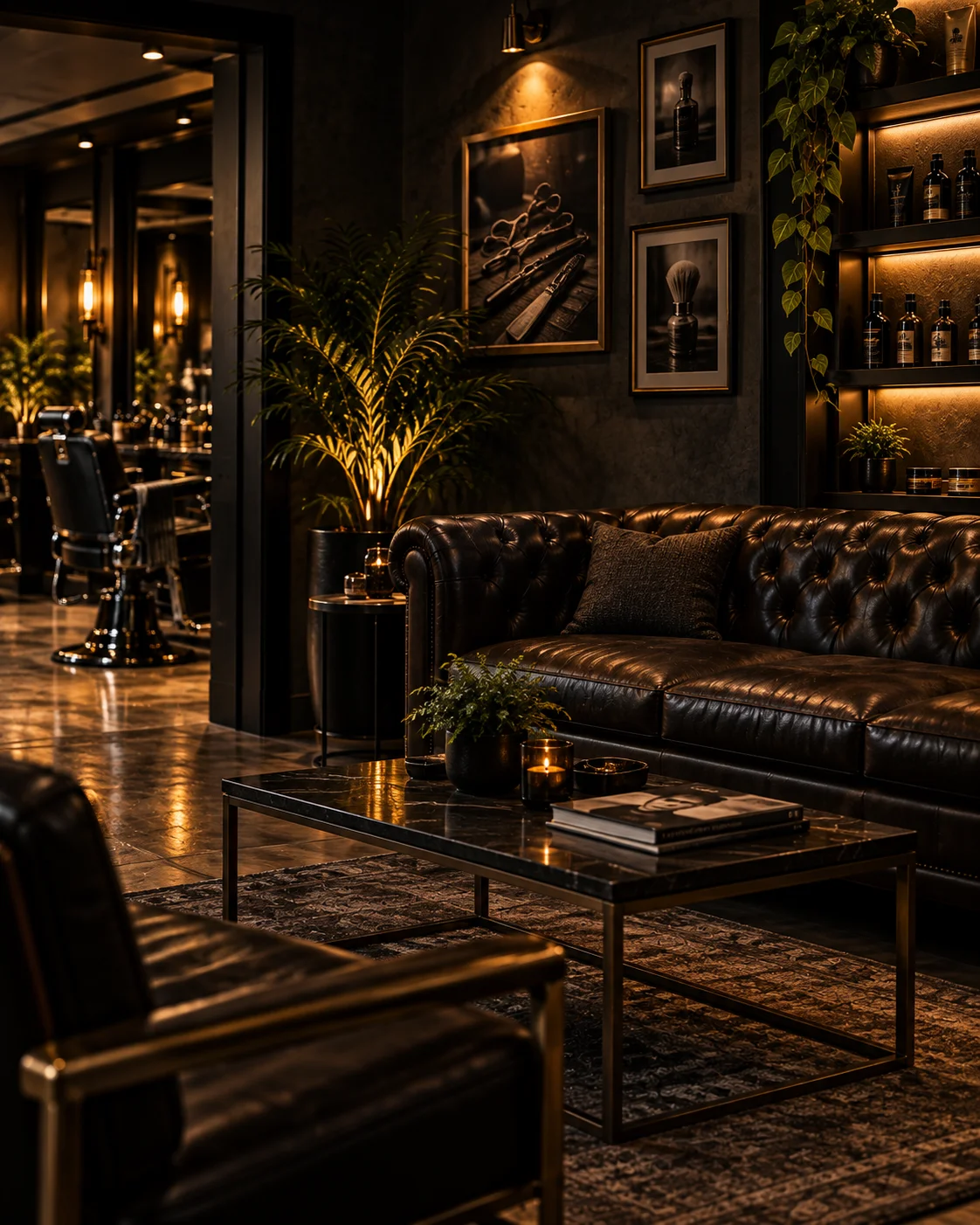 Lounge da Imperial com sofá de couro e luz acolhedora